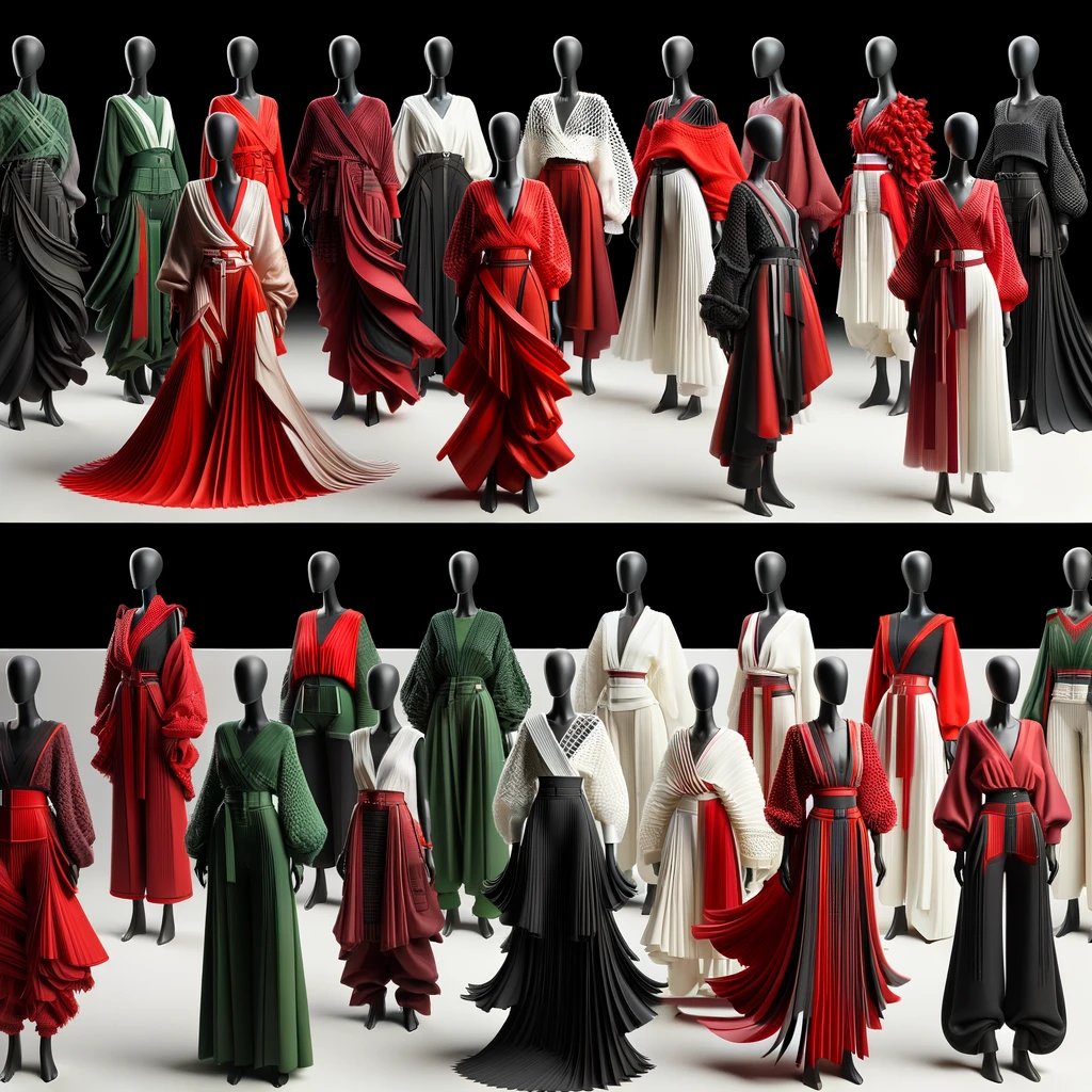 DALL·E 2024-02-13 16.06.14 - Create photo-quality images featuring a selection of garments on 3D models in a palette of reds, blacks, whites, and greens. Each image should showcas