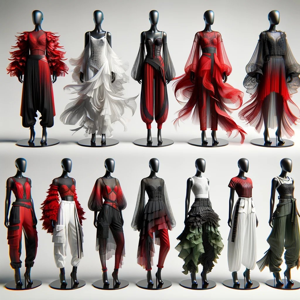 DALL·E 2024-02-13 16.08.37 - Create photo-quality images featuring a selection of garments on 3D models in a palette of reds, blacks, whites, and greens. Each image should showcas